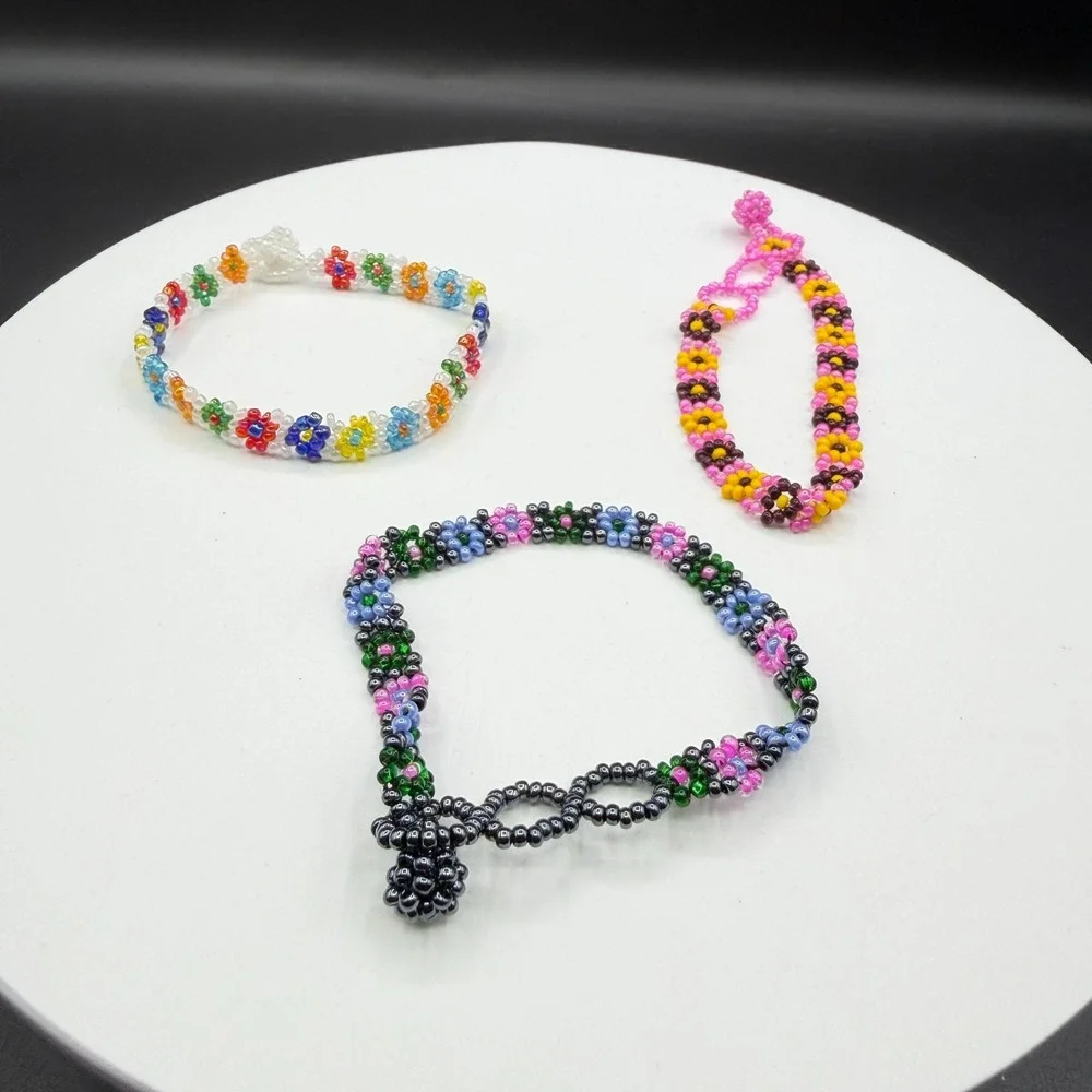 3Pc Colorful Handmade Seed Bead Floral Bracelets Daisy Friendship Jewelry Set